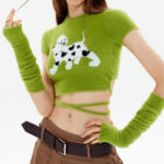 Custom Women's Knit Crop Top| Imitation Mink Hair Puppy Pattern Trendy Casual Short Sleeve Raglan Sleeve Top - Image 4