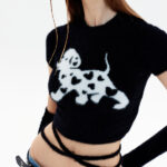 Custom Women's Knit Crop Top| Imitation Mink Hair Puppy Pattern Trendy Casual Short Sleeve Raglan Sleeve Top - Image 3