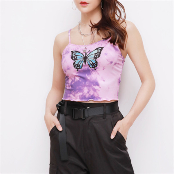 7774593 Custom Women's Tie-dye Crop Top| Neckless Women's T-shirts Manufacturer| 2022 New Butterfly Printing Crop Top From - Image 1