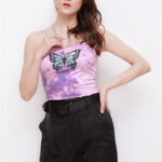 Custom Women's Tie-dye Crop Top| Neckless Women's T-shirts Manufacturer| 2022 New Butterfly Printing Crop Top From - Image 5
