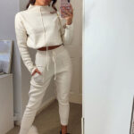 Hot Sale Women's Blank Tracksuit|Crop Hoodie And Elastic Waist Pants Sweatsuit|High Neck casual Two Piece Set - Image 3