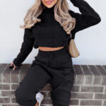Hot Sale Women's Blank Tracksuit|Crop Hoodie And Elastic Waist Pants Sweatsuit|High Neck casual Two Piece Set - Image 4