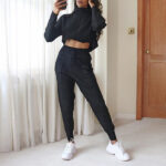 Hot Sale Women's Blank Tracksuit|Crop Hoodie And Elastic Waist Pants Sweatsuit|High Neck casual Two Piece Set - Image 5