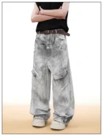 Vintage Double Waist Cargo Jeans | Distressed Wash | Wide-Leg Design | OEM Streetwear