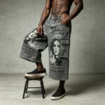 Spray Dye DTG Print Acid Washed Cargo Capri Jeans | Loose Wide Leg Multi Pocket High Waist | Streetwear Manufacturer