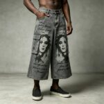 Spray Dye DTG Print Acid Washed Cargo Capri Jeans | Loose Wide Leg Multi Pocket High Waist | Streetwear Manufacturer - Image 6