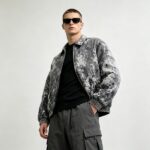Washed Black White Splash Ink Canvas Jacket | Elastic Rib Hem Dual Zip Pockets | OEM Streetwear - Image 10