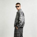 Washed Black White Splash Ink Canvas Jacket | Elastic Rib Hem Dual Zip Pockets | OEM Streetwear - Image 8