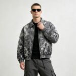 Washed Black White Splash Ink Canvas Jacket | Elastic Rib Hem Dual Zip Pockets | OEM Streetwear
