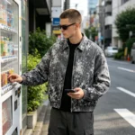 Washed Black White Splash Ink Canvas Jacket | Elastic Rib Hem Dual Zip Pockets | OEM Streetwear - Image 5