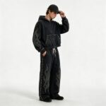 Washed Rivet Flame Graphic Rhinestone Hoodie Set | Hip Hop Street Daily Wear | Custom Streetwear