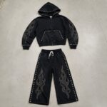 Washed Rivet Flame Graphic Rhinestone Hoodie Set | Hip Hop Street Daily Wear | Custom Streetwear - Image 9
