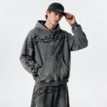Washed DTG Print Full Zip Hoodie Set | Vintage Mineral Wash Tribal Graphic Zip Up Design | Custom Streetwear