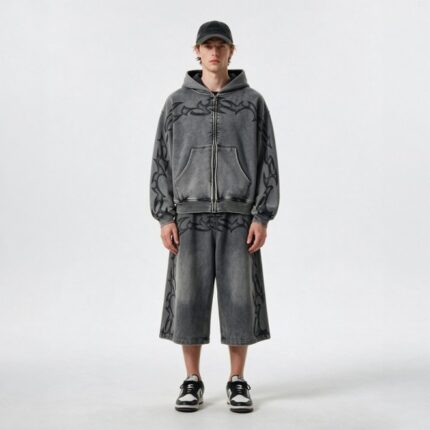 Washed Tribal Graphic Zip Hoodie Set manufacturing reference