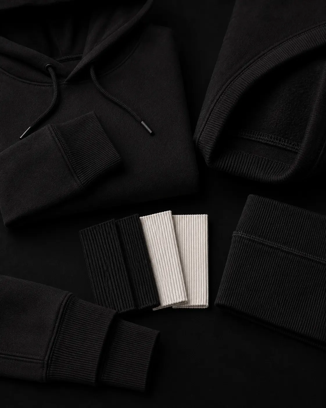 Hoodie cuff, drawcord and rib references for apparel product development