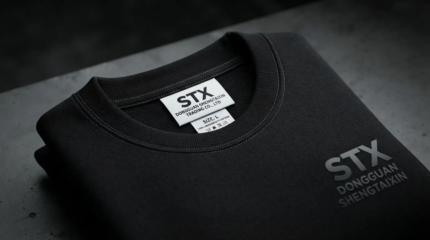 Custom clothing labels shown at the neck of a black STX garment