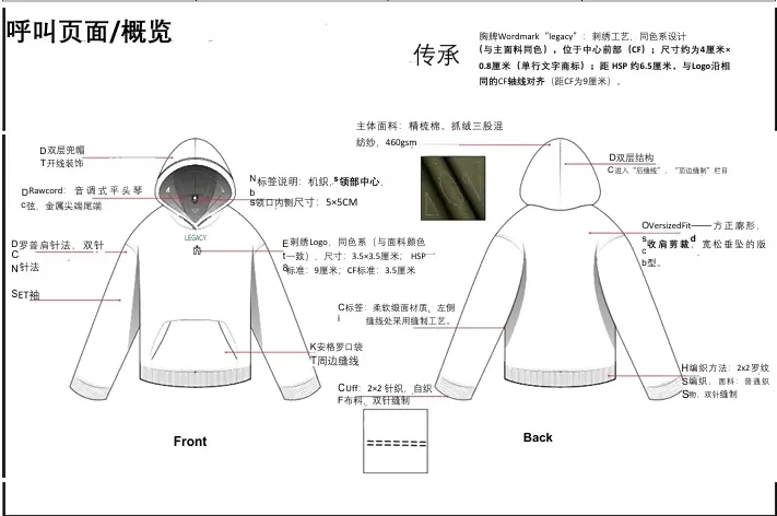 Hoodie technical drawing and construction callouts for clothing design support
