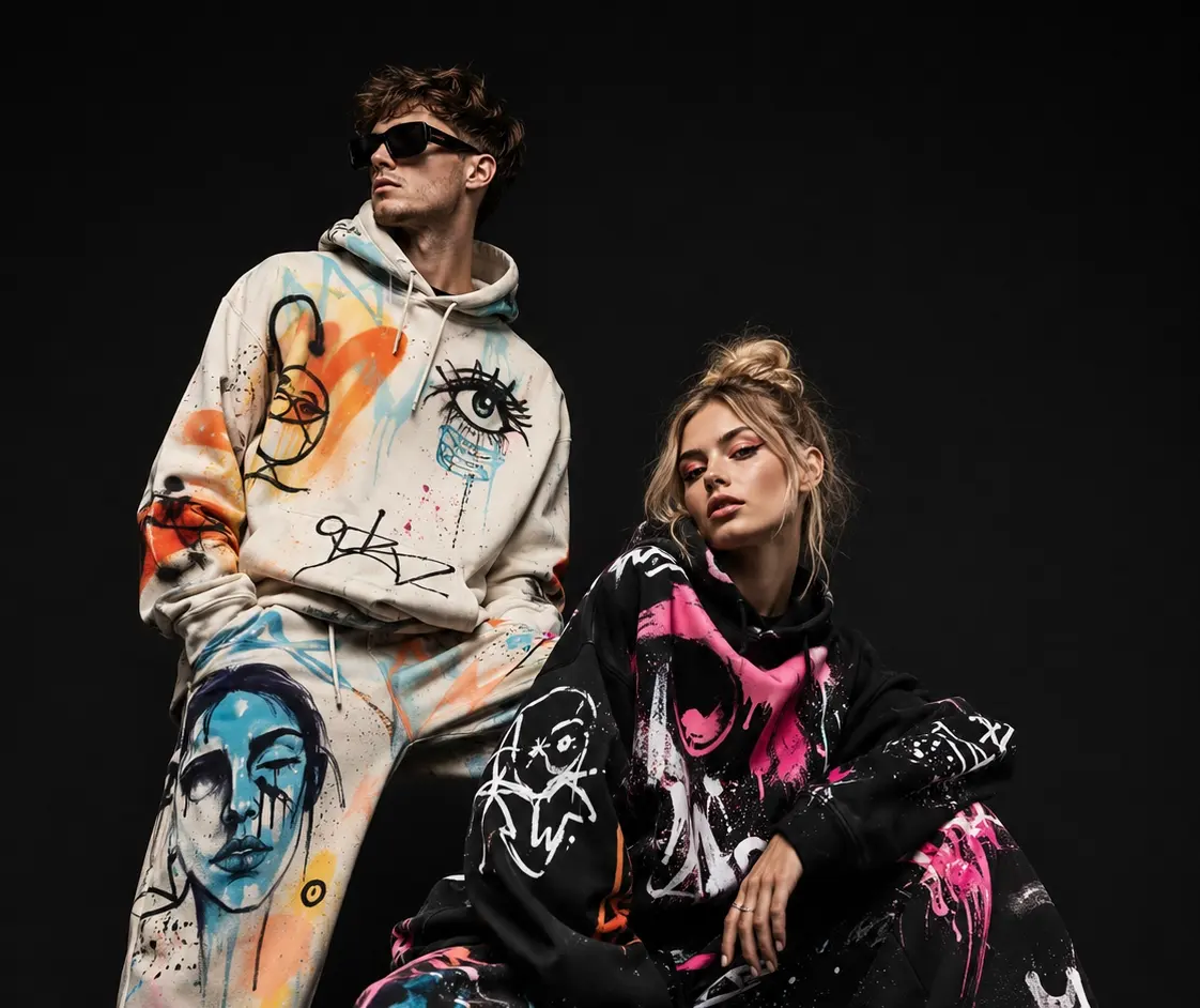 Custom apparel printing examples on graphic streetwear hoodies