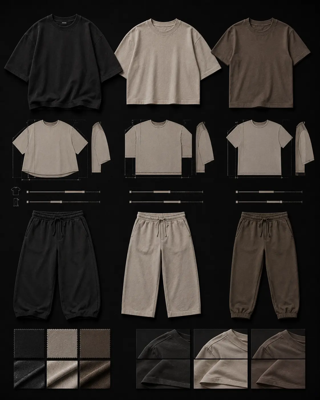 T-shirt, shorts and pants silhouette and fabric references