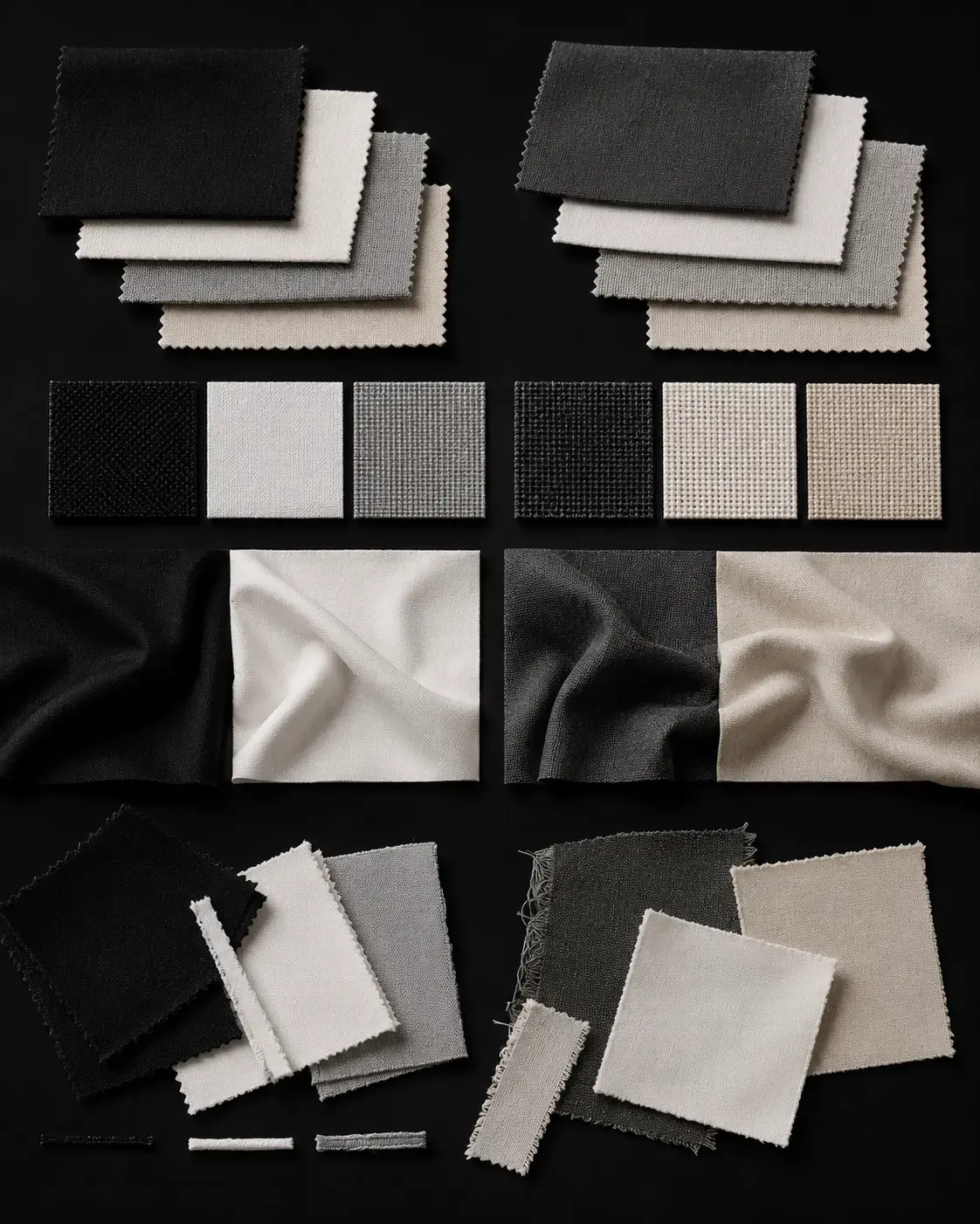 Black, grey and cream fabric swatches for apparel fabric development