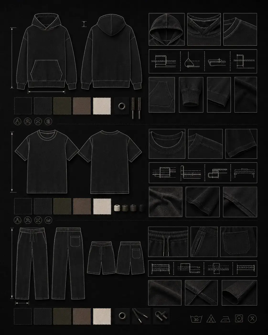 OEM/ODM clothing manufacturer reference: Hoodie, T-shirt and bottoms construction detail references