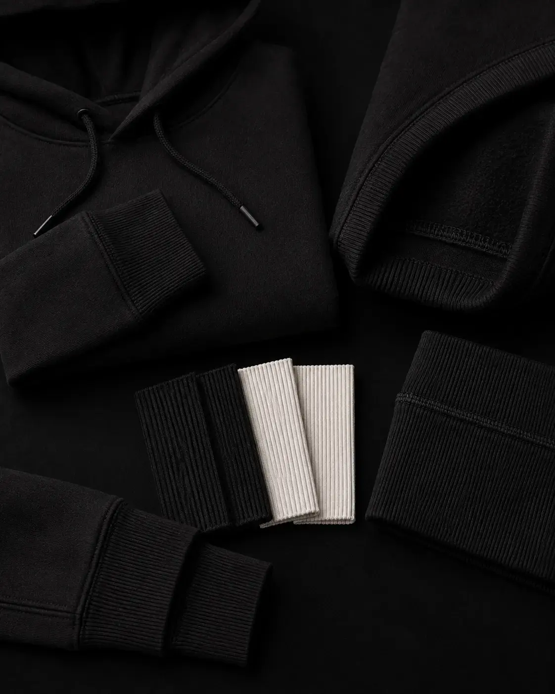 Hoodie rib cuffs and drawcord detail references