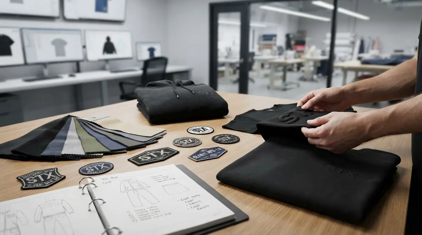 Garment development table with tech pack, fabric swatches, patches and samples