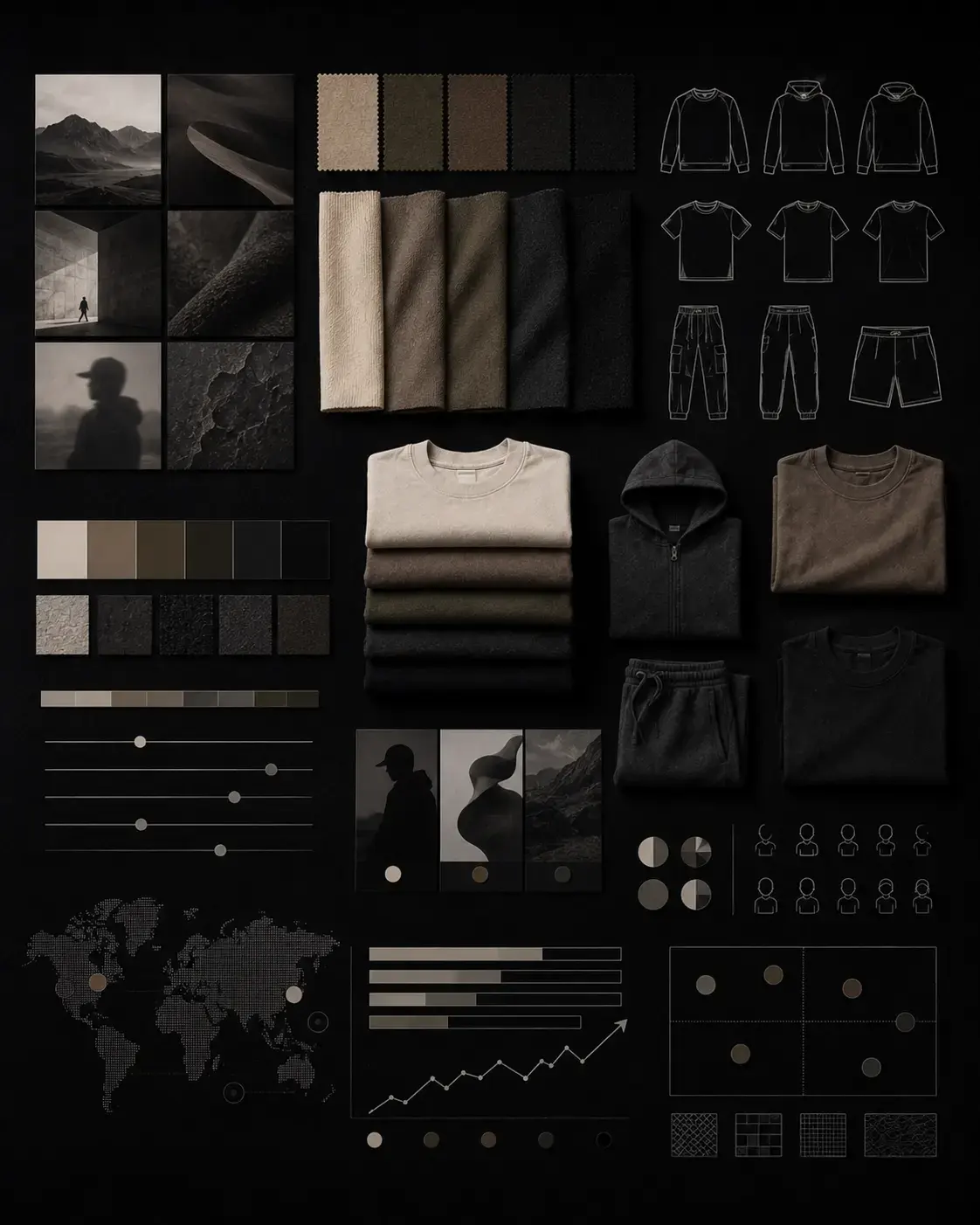 OEM/ODM clothing manufacturer reference: Streetwear collection development moodboard with fabrics and garment silhouettes