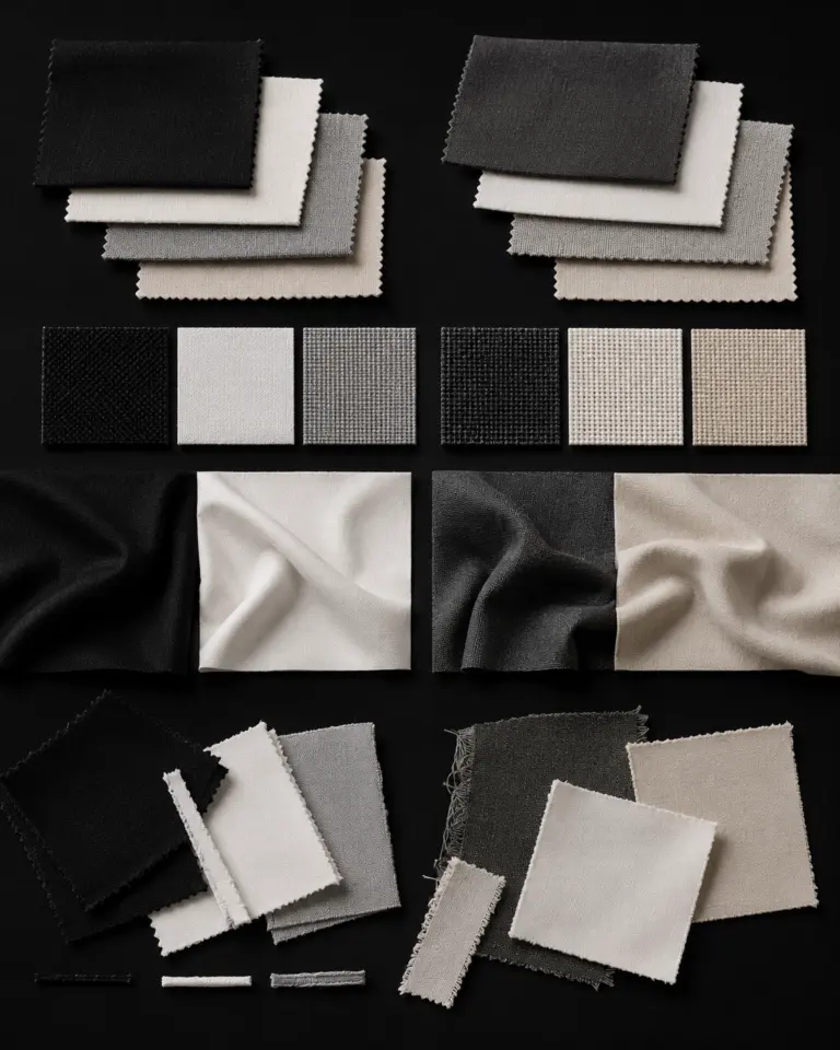 Black, grey and cream swatches for apparel product development