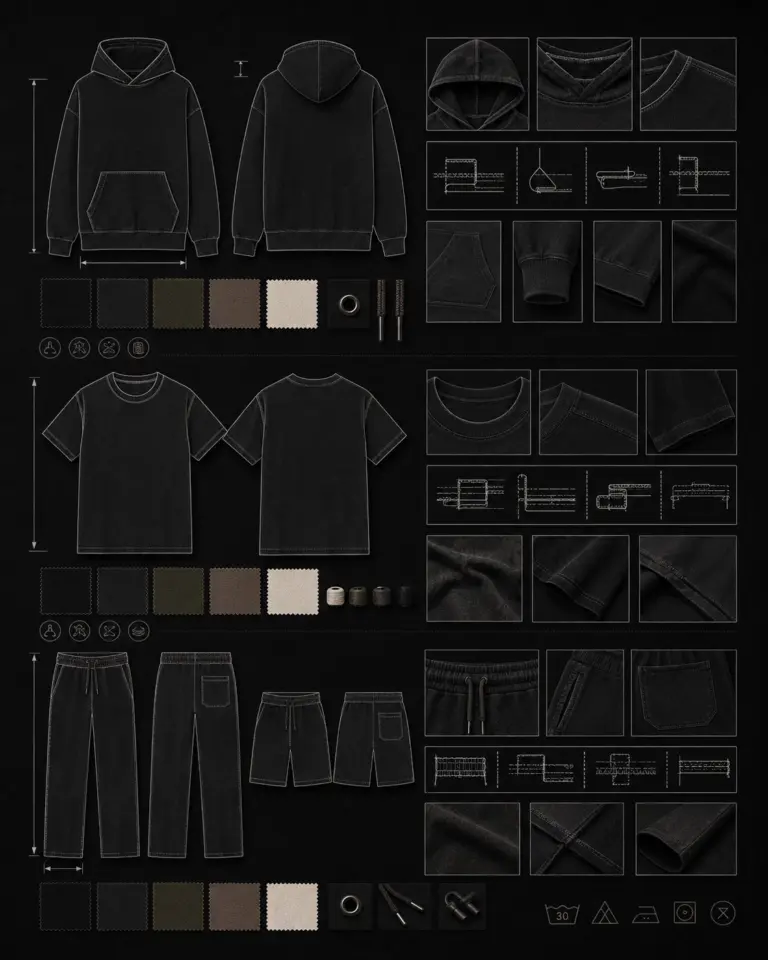 Hoodie, T-shirt and pants technical design and construction references