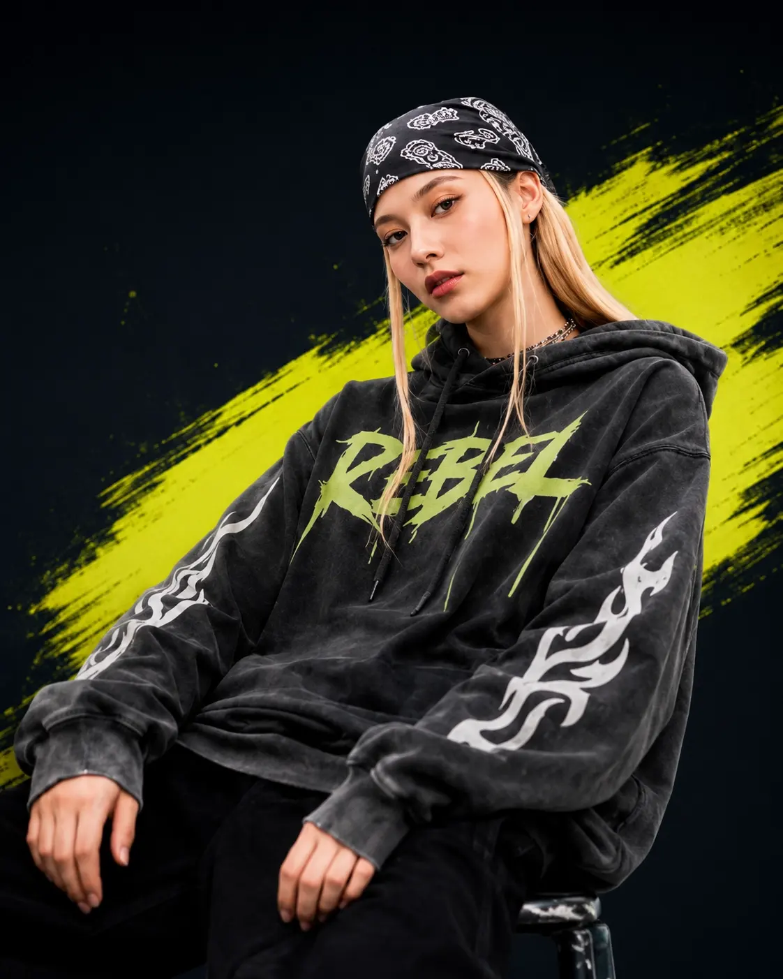 Custom streetwear brand reference with graphic hoodie