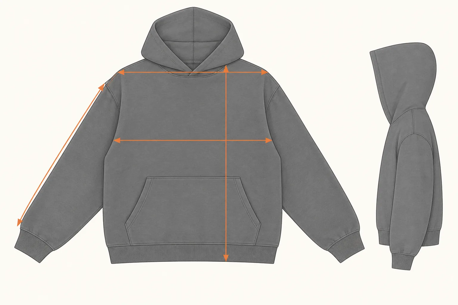 Construction diagram showing example measurement directions on a boxy hoodie.