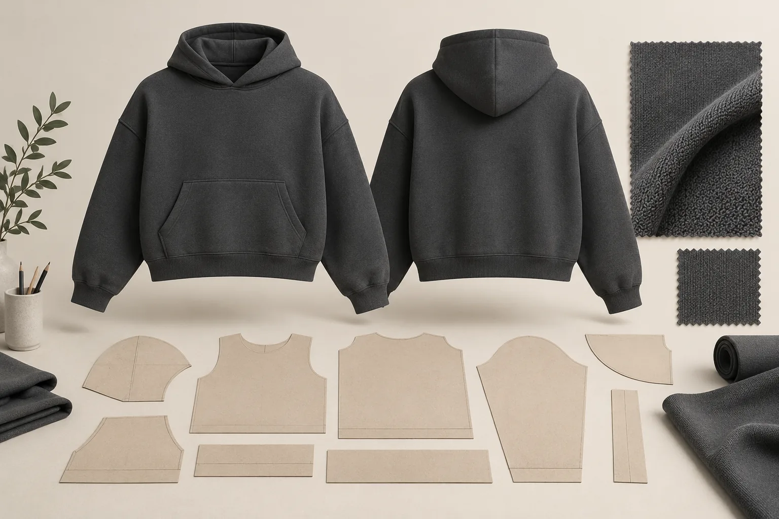 Concept illustration of a charcoal boxy hoodie with pattern pieces and fabric swatches.