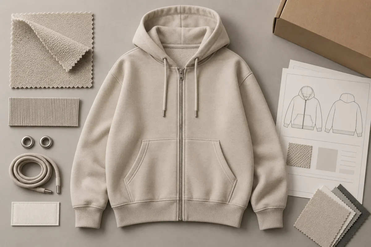 Concept illustration of a sand-colored zip-up hoodie with fabric, rib and hardware.