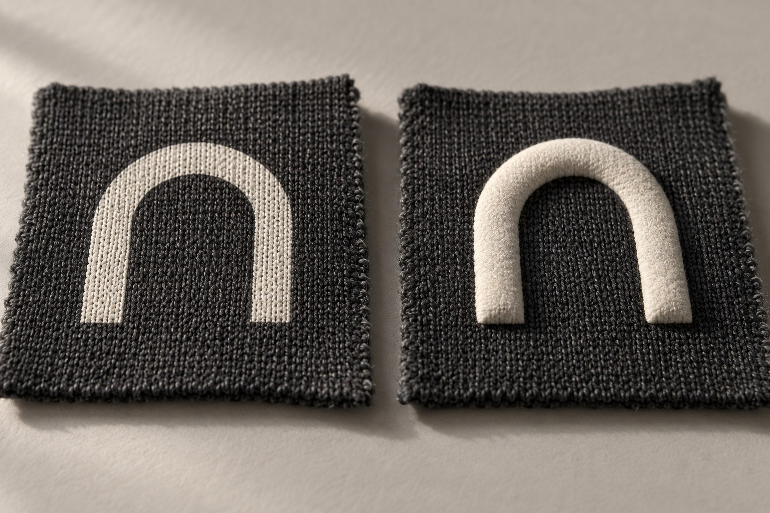 AI illustration comparing flat printing and raised puff printing on charcoal fabric