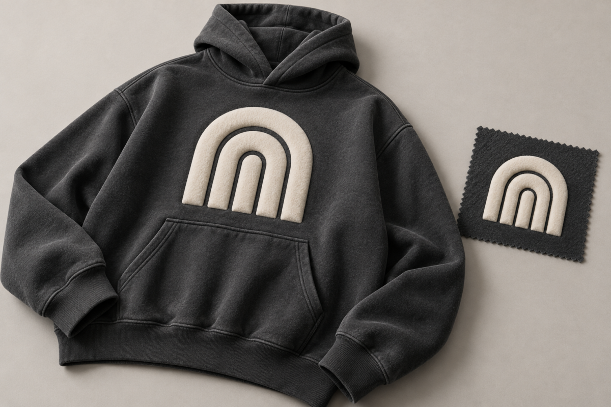 AI illustration of a charcoal puff print hoodie and matching fabric sample