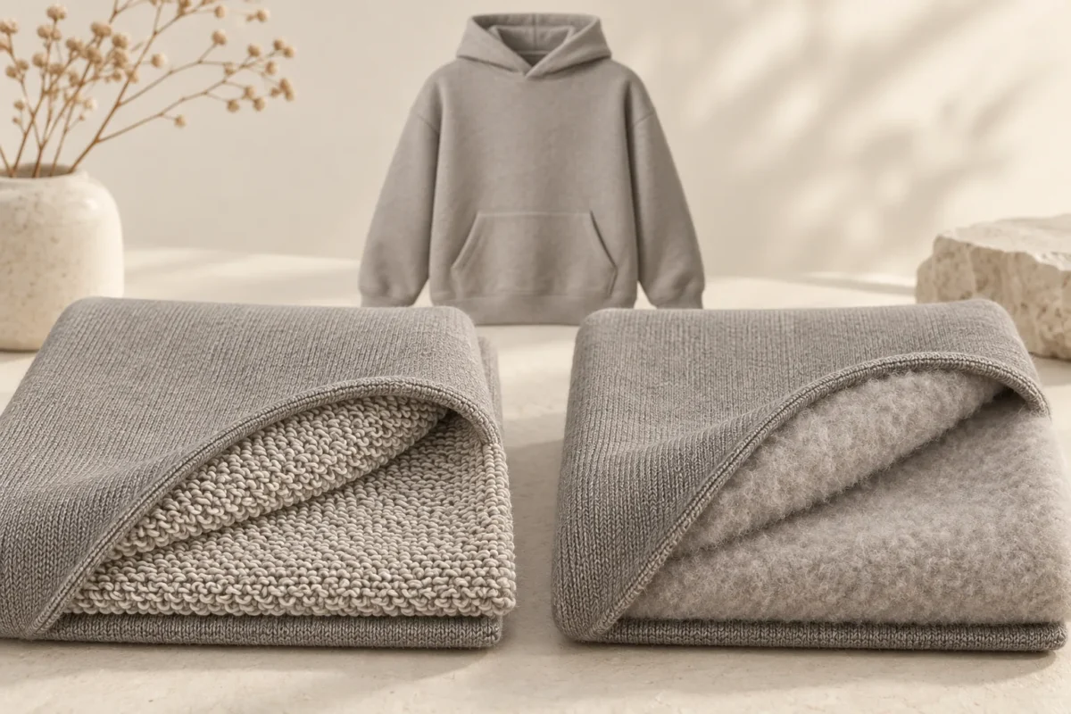Concept illustration comparing loop-back French terry and brushed sweatshirt fleece