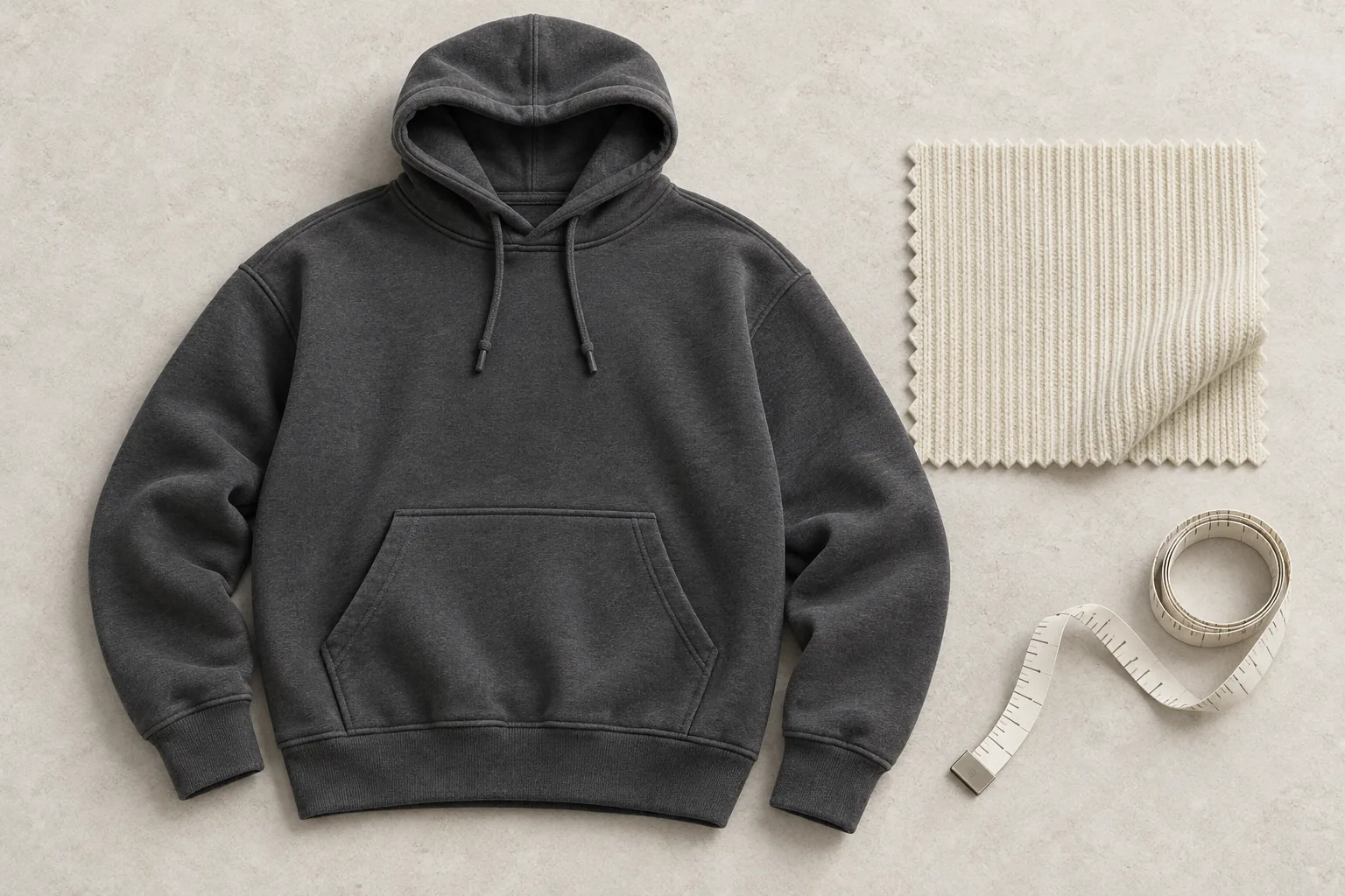 Concept illustration of a charcoal hoodie beside rib fabric and a measuring tape