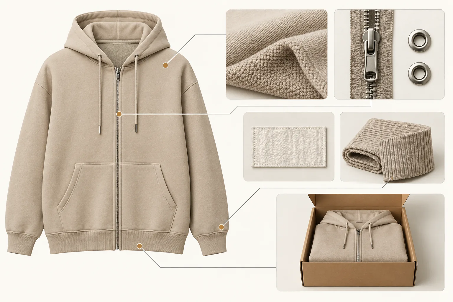 Concept illustration connecting a zip-up hoodie to fabric, hardware, branding and packing choices.